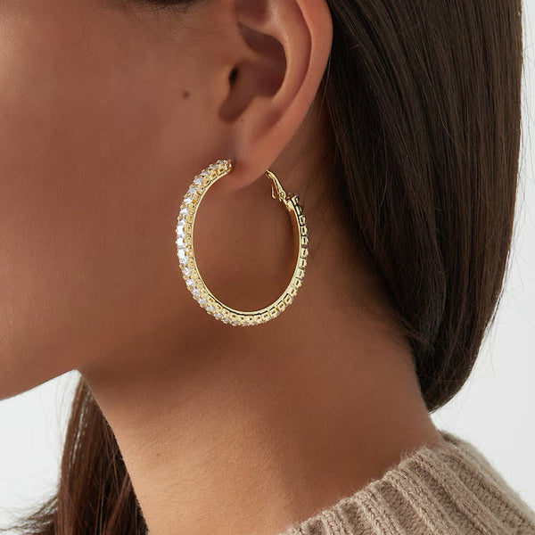 Grote strass oorbellen rond zilver op model-LAcollections