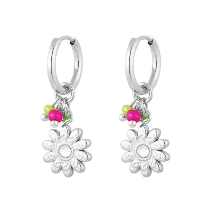 Oorbellen kralen met bloem zilver-LAcollections